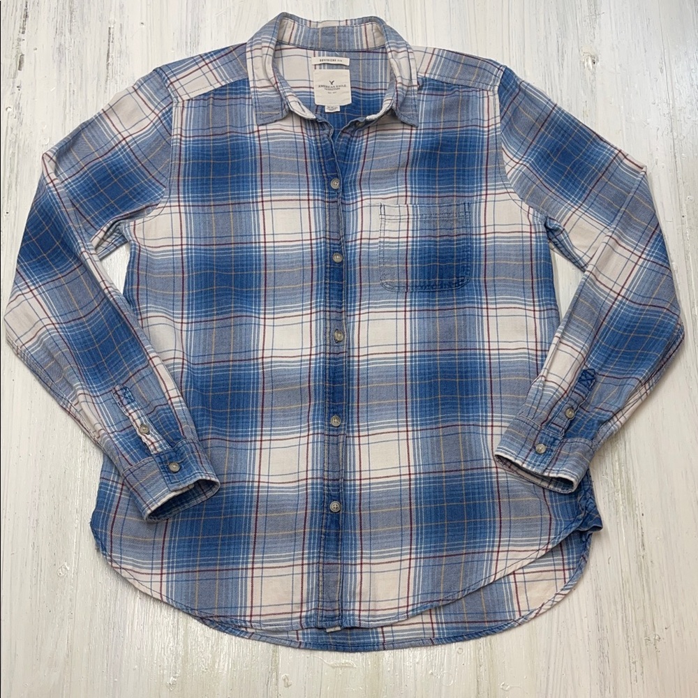 American Eagle Outfitters Boyfriend Fit Blue and White Plaid Shirt Sz M